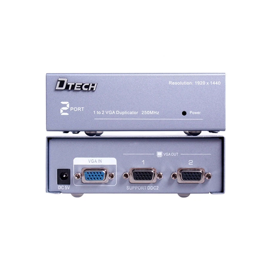 Dtech DT-7252 VGA 1 In 2 Out Splitter, Gray