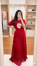 Pure Cotton T-Shirt and Georgette Skirt Set, 22 Inch Tee