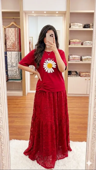 Pure Cotton T-Shirt and Georgette Skirt Set, 22 Inch Tee