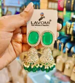 Premium Emerald Green Stone & Kundan Jhumka Earrings