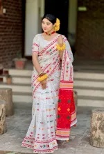 Half Silk Jamdani Block Print Puja Saree with Blouse Piece