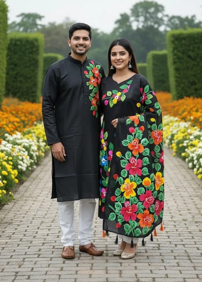 Matching Couple Set, Unstitched Voile Three Piece and Silk Panjabi