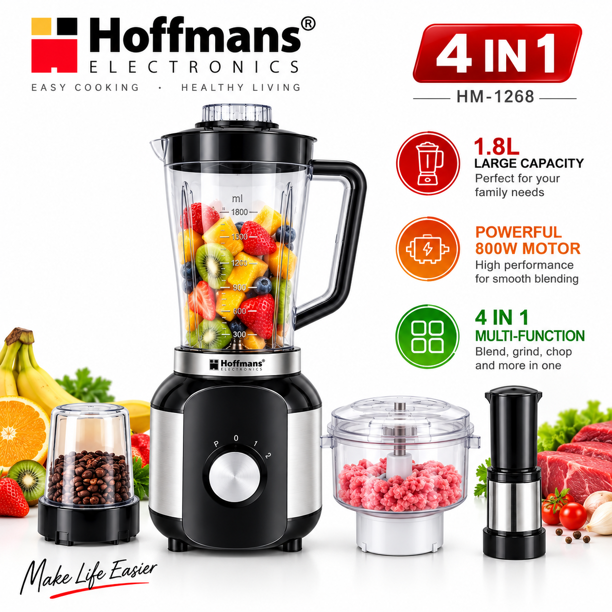 Hoffmans HM-1268 4-in-1 Food Processor & Blender