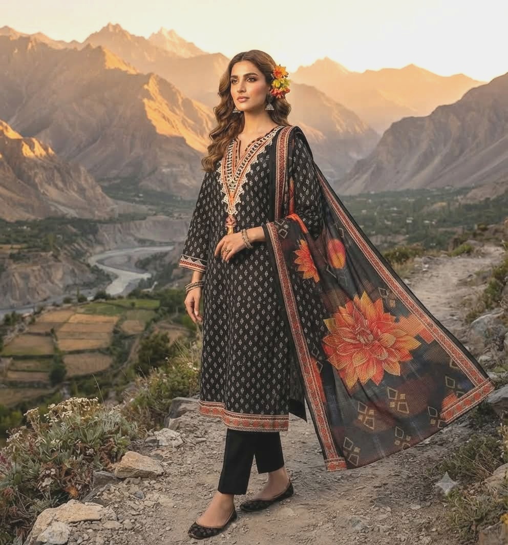 Readymade Three Piece with Neck Embroidery and Printed Orna