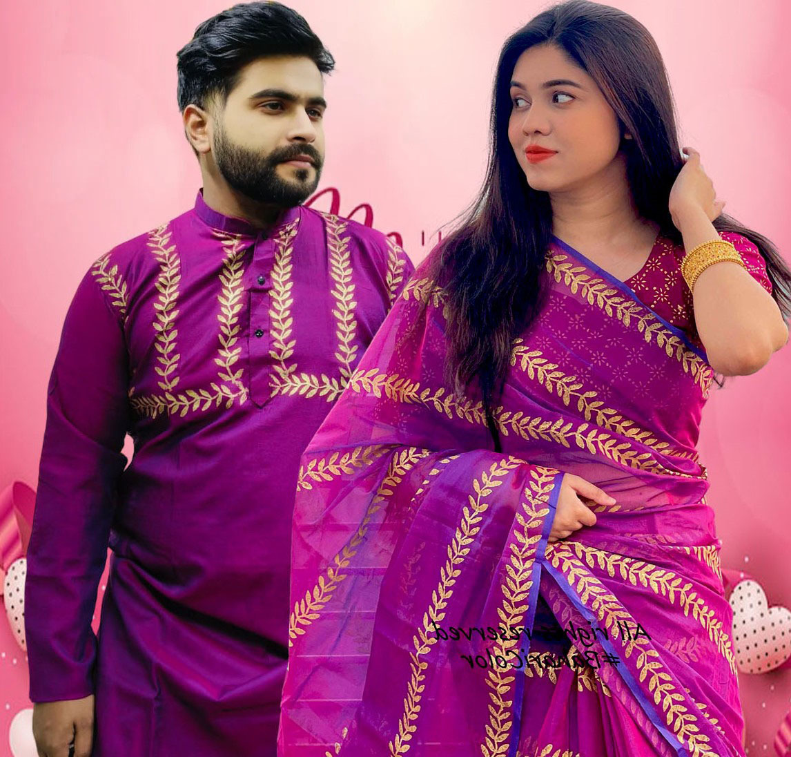 Semi Muslin Saree and Dhupian Silk Panjabi Couple Set