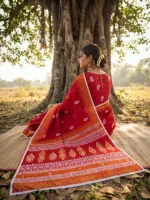 Khadi Cotton Block Print Saree with Lace Border and Blouse Piece