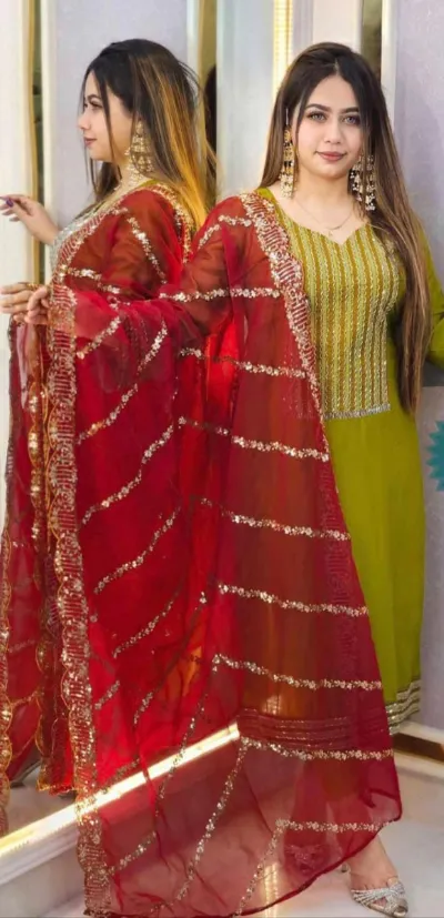 Linen Three Piece with Organza Sequin Orna, Sizes 38 to 44