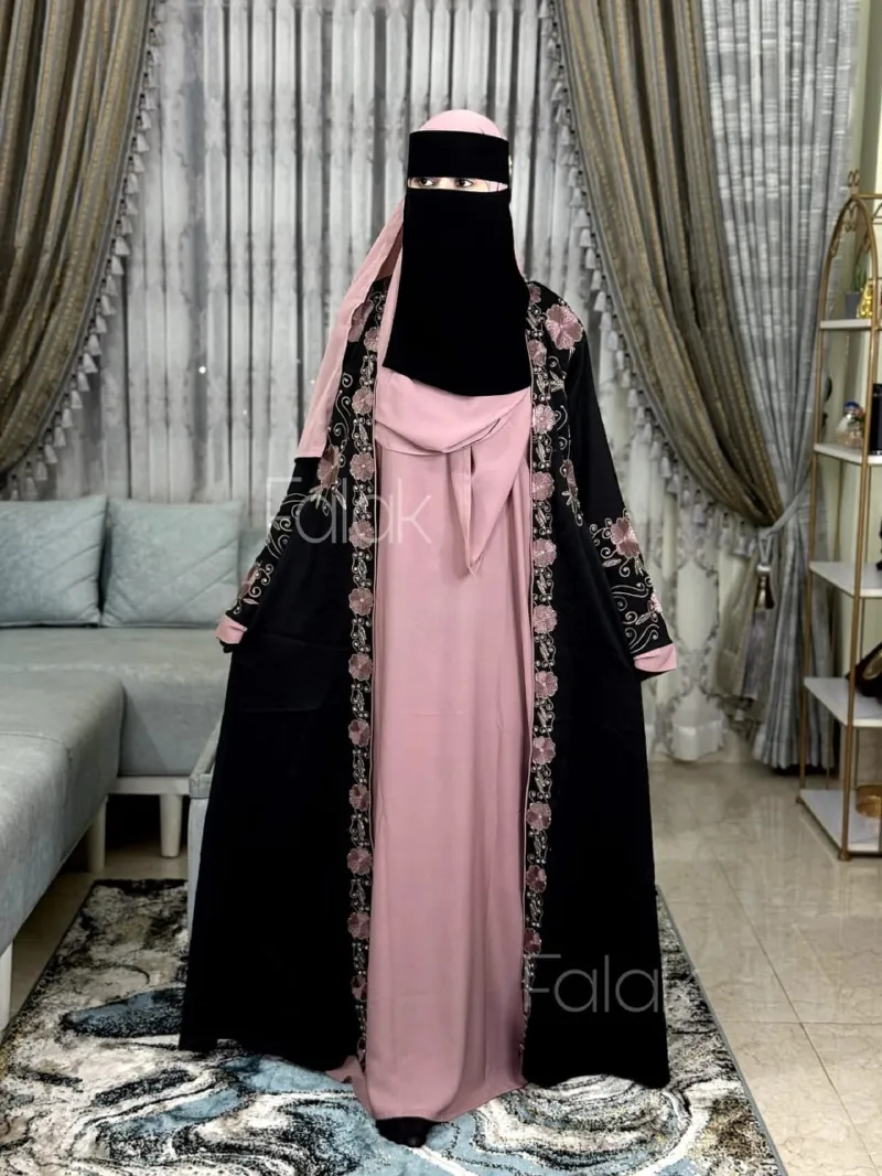 Embroidery Koti Abaya with Inner and Hijab, Sizes 50 to 56