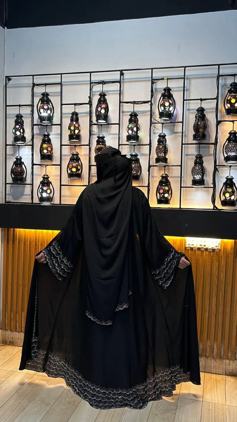 Women's Cherry Abaya with Koti, Hijab and Belt, Stone Work