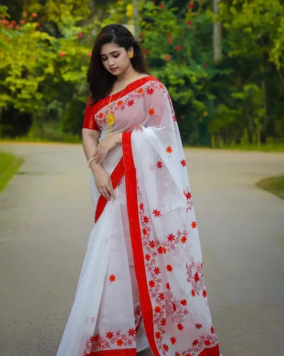 Screen Print Half Silk Saree with Tassel Anchal