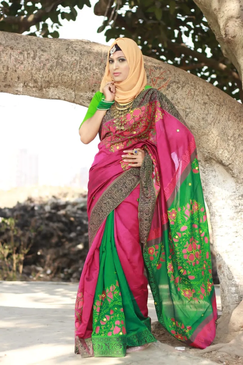 Half Silk Hand Printed Saree for Women, 12 Haath Length