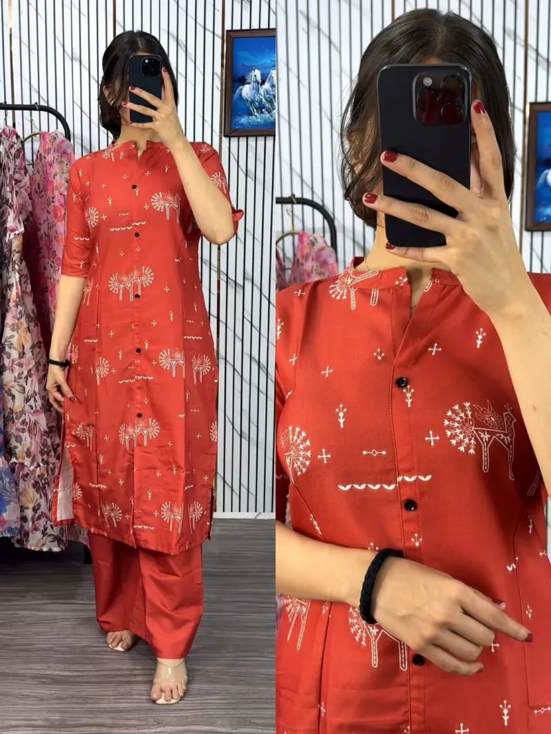 Ladies' Printed Cotton Kurti Two Piece with Free Size Waist Pant