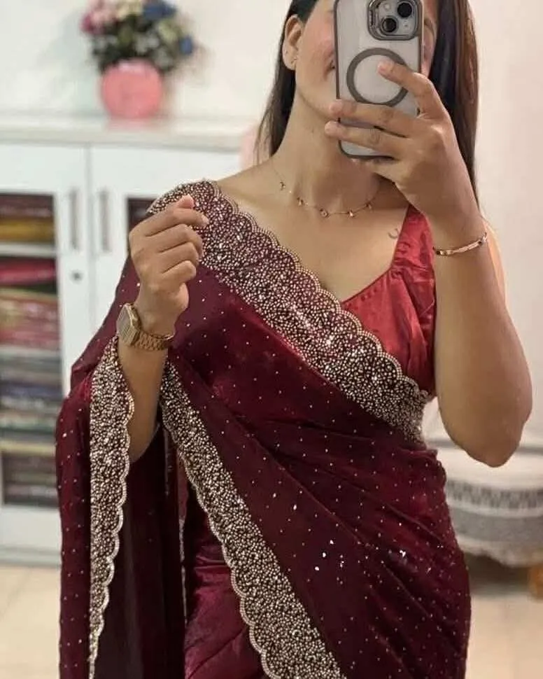 Georgette Saree with Stone Work on Saree and Blouse, 3 Colours