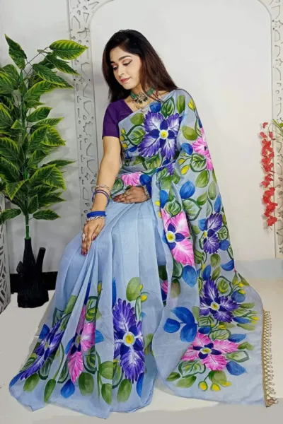 Women's Half Silk Saree with Hand Brush Paint Work