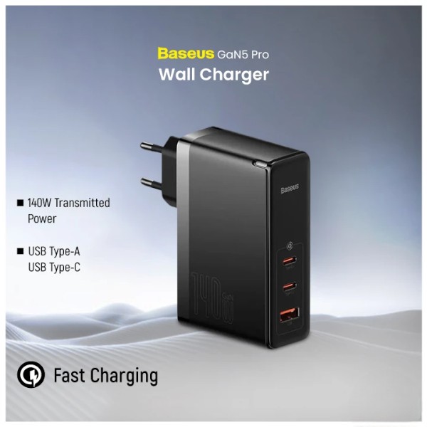 Baseus CCGP100201 GaN5 Pro USB & Dual USB-C 140W EU Black Charger