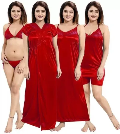 Women's Satin Night Dress Set with Long Nightie and Top