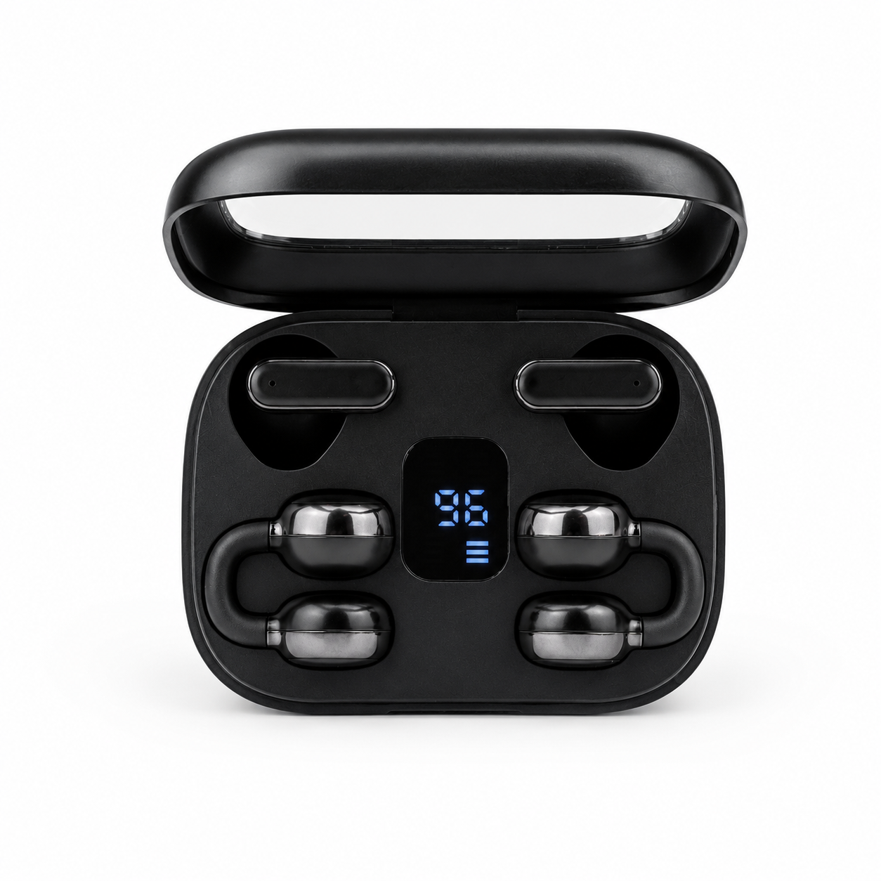 Q10 HiFi Stereo Sports Wireless Earbuds (2 Pairs) – 4-in-1 Combo Set with In-Ear & Open-Ear Clip Design, Bluetooth 5.4, LED Digital Display & IPX4 Waterproof