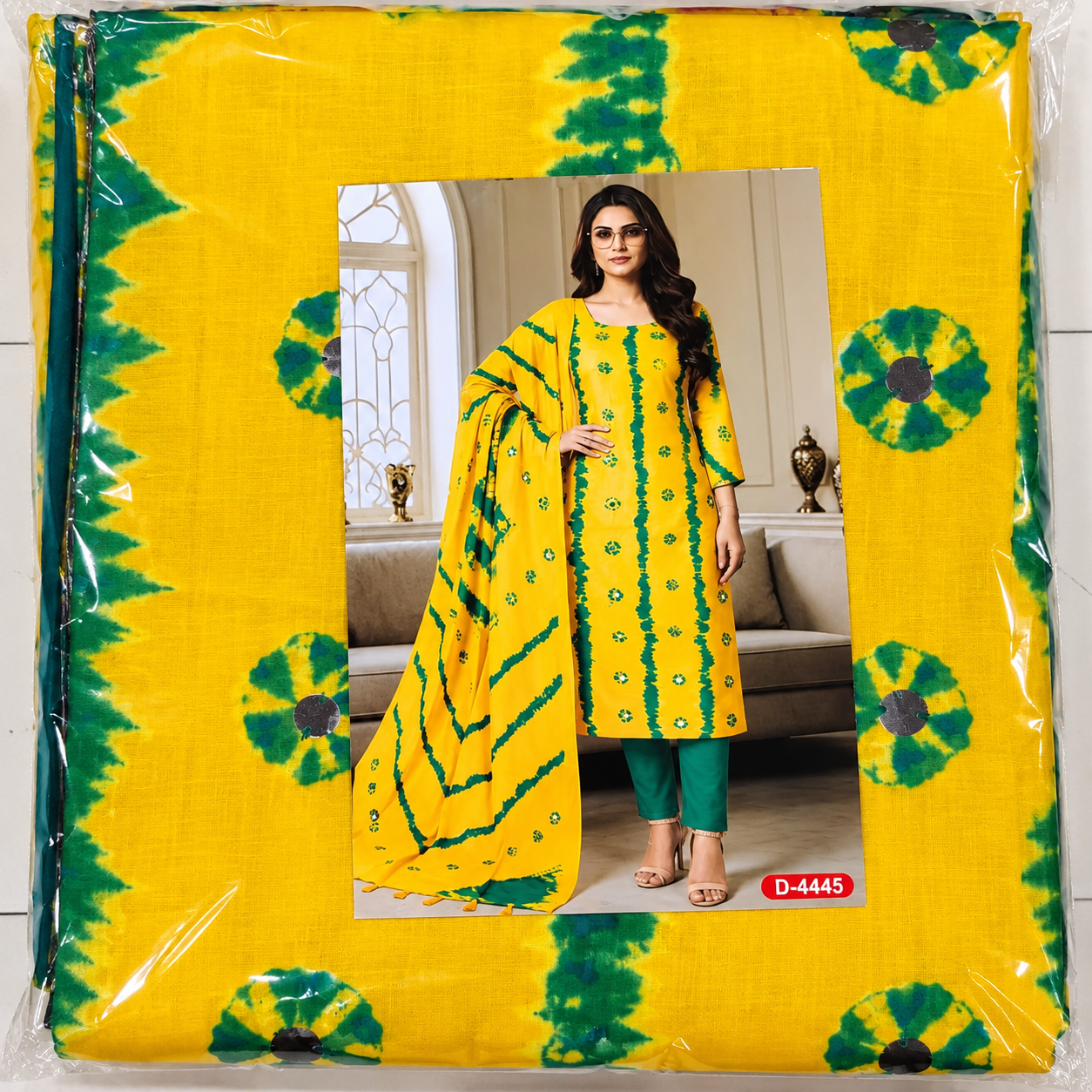 Unstitched Premium Tie-Dye & Batik Printed Cotton Three-Piece Suit - Bright Yellow & Green