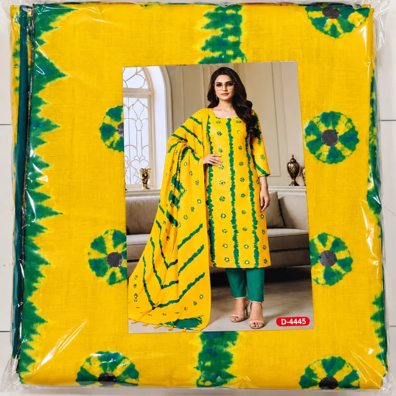 Unstitched Premium Tie-Dye & Batik Printed Cotton Three-Piece Suit - Bright Yellow & Green