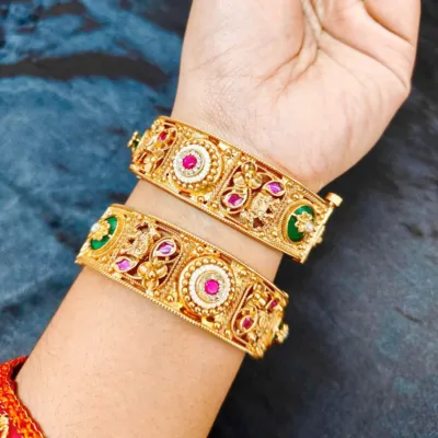Premium Antique Gold-Plated Bangle Set with Minakari & Stone Work