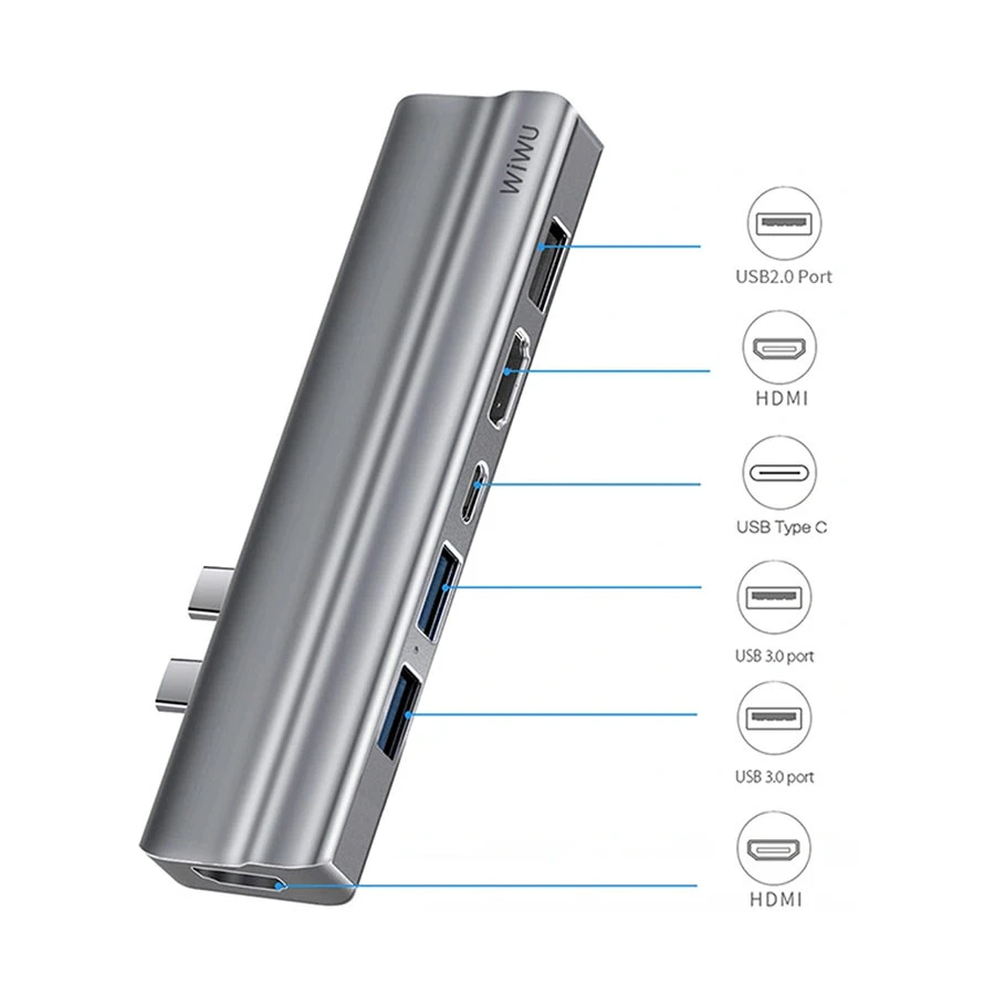 WiWU T9 Dual USB-C to Dual HDMI, Tri USB, SD, TF & Type-C Hub Gray