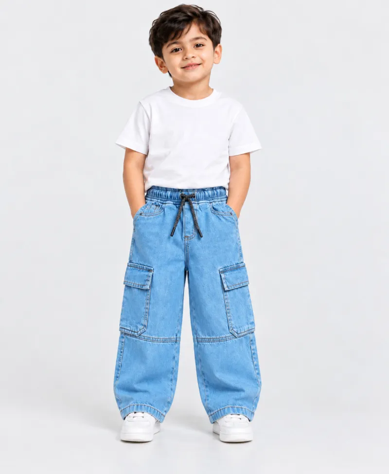 Boys' Six Pocket Denim Baggy Pant with Elastic Waist, 2 to 12 Years