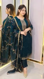 Faux Georgette Embroidered Four Piece Set with Micro Silk Salwar