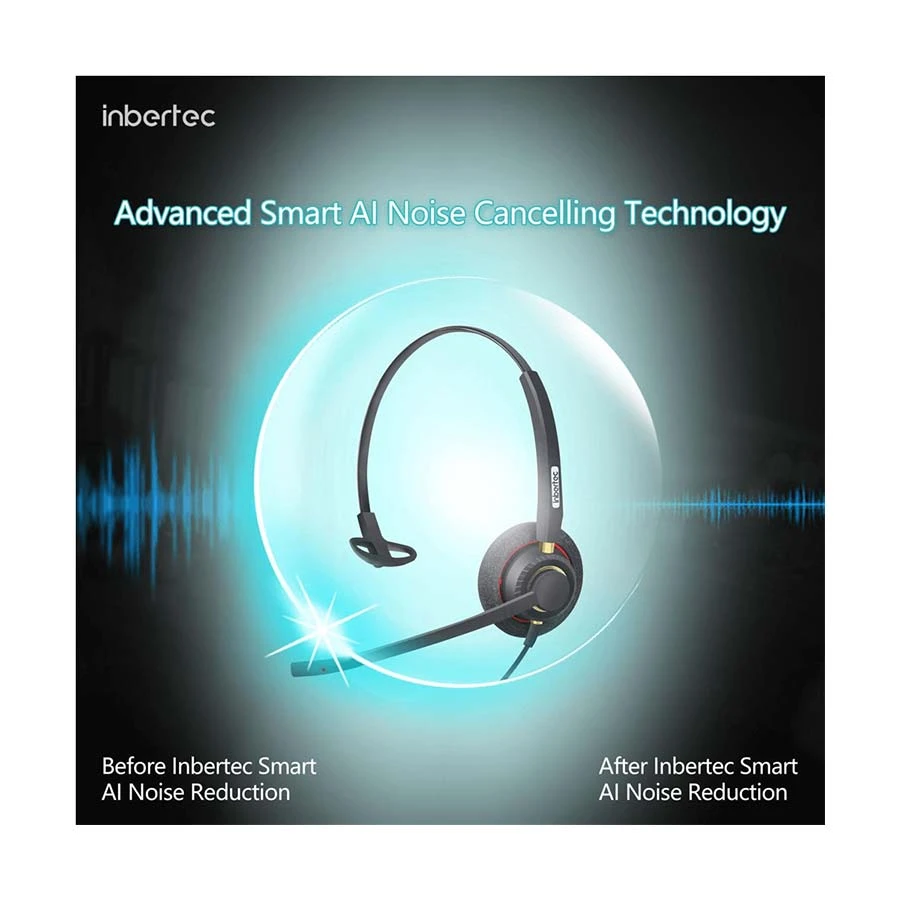 Inbertec UB805M Mono Wired USB Noise Cancelling Headphone Black