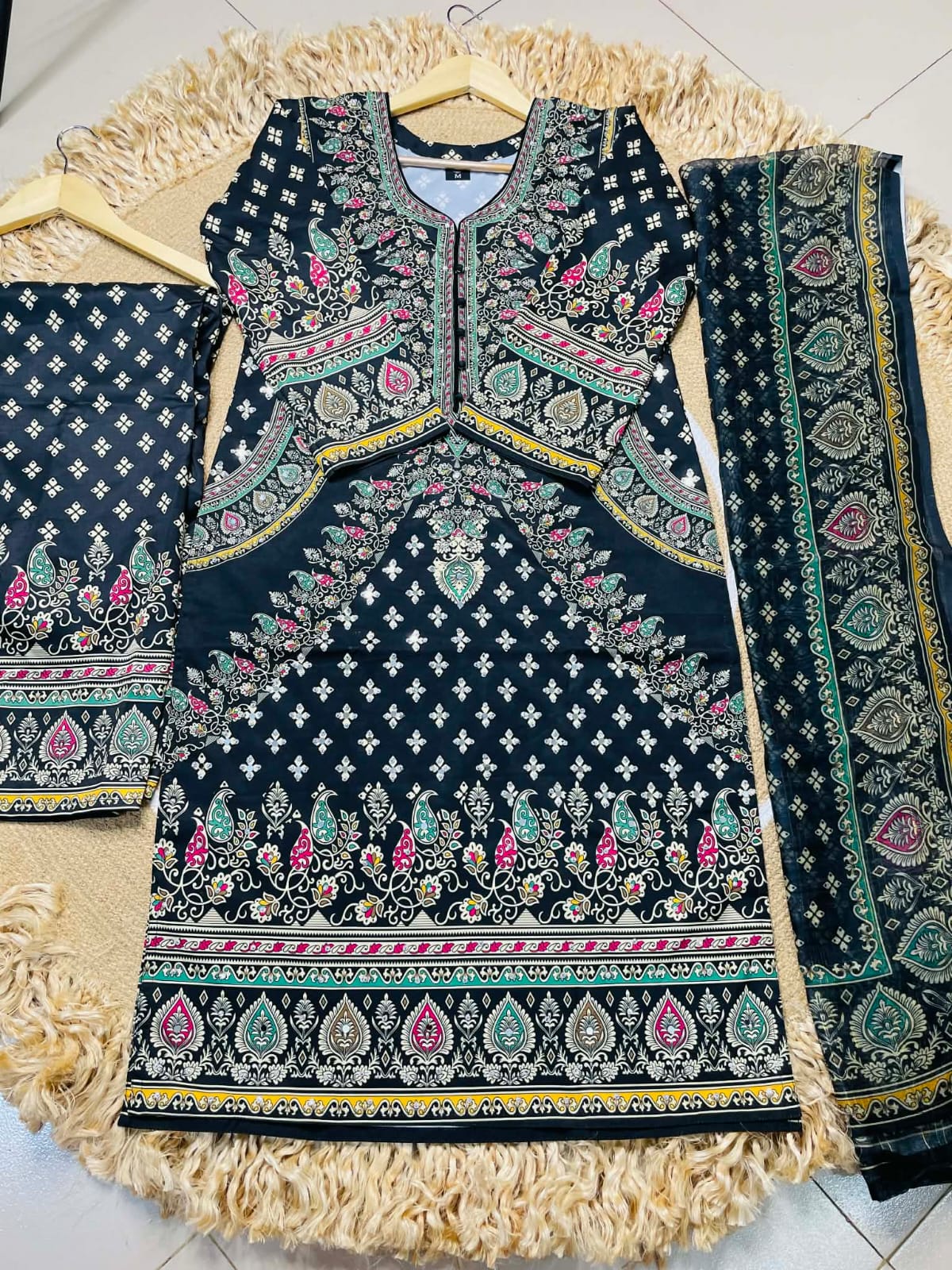 Digital Print Lace Detail Three Piece for Women, Georgette Orna
