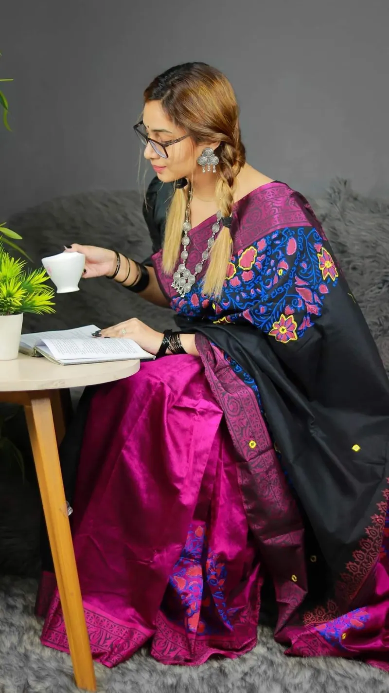 Women's Hand Print Half Silk Saree, 12 Haath Long