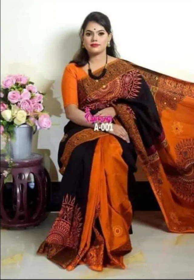 Dhupian Silk Saree with Block Print and Embroidery, 13 Haath