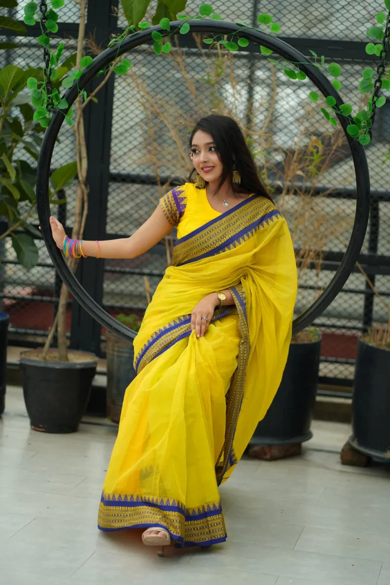 Half Silk Nokshi Paar Saree with Border Design, 4 Colours