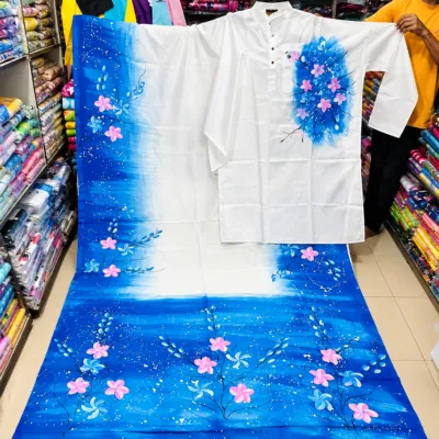 Hand-Painted Couple Set – Half Silk Saree & Dupion Silk Panjabi