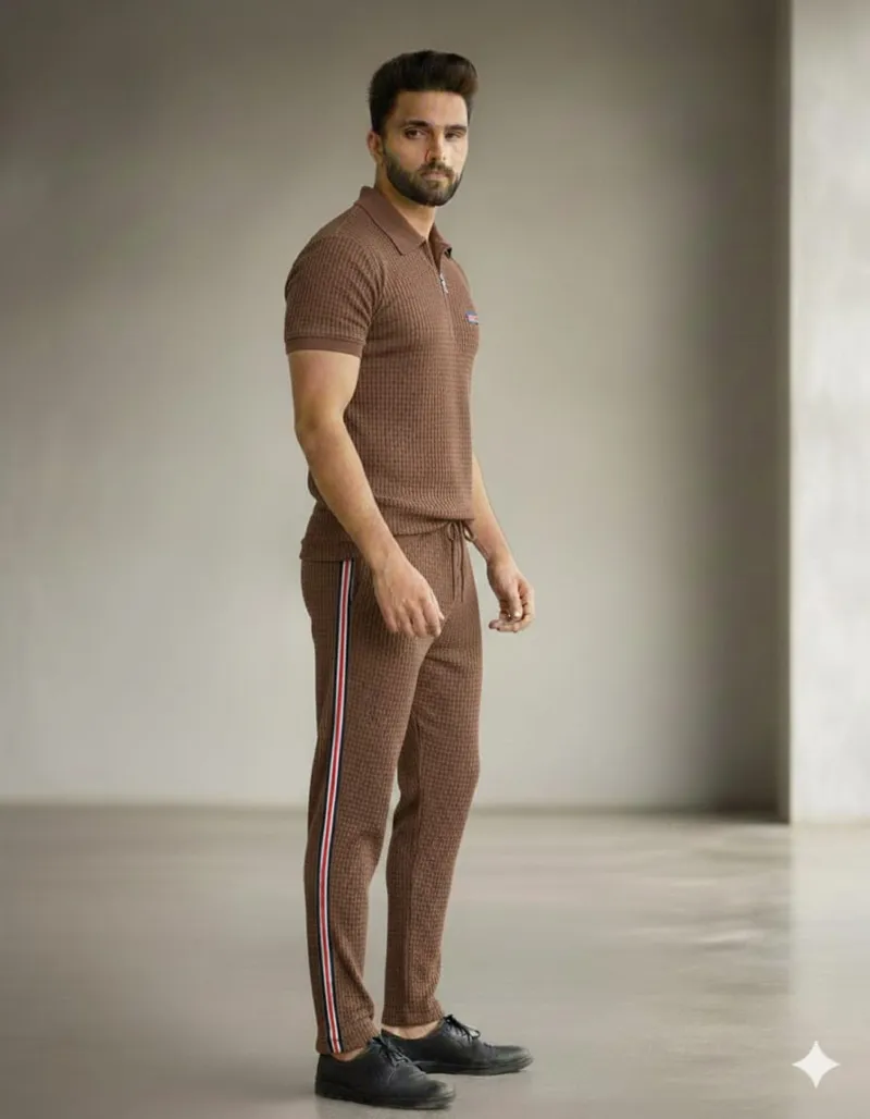 Men's Waffle Fabric T-Shirt and Trouser Set, 220 GSM, Sizes L and XL