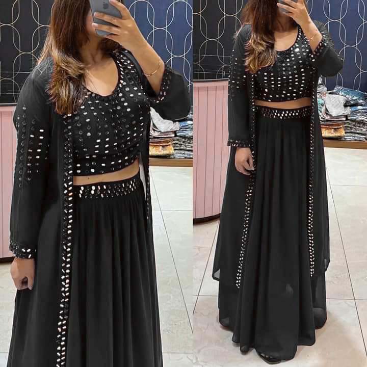 Women's Sequin Georgette Skirt Lehenga with Top and Koti, Free Size