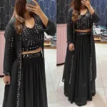 Women's Sequin Georgette Skirt Lehenga with Top and Koti, Free Size