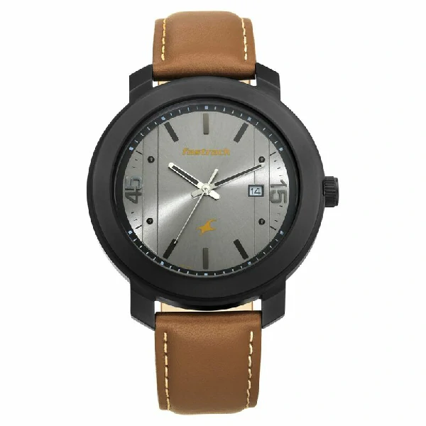 Fastrack NS3246NL01 Bare Basics Quartz Analog with Date Grey Dial Leather Strap Watch