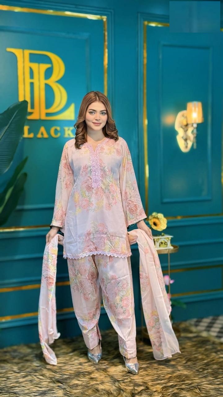 Chiffon Georgette Lace Work Three Piece with Farshi Salwar