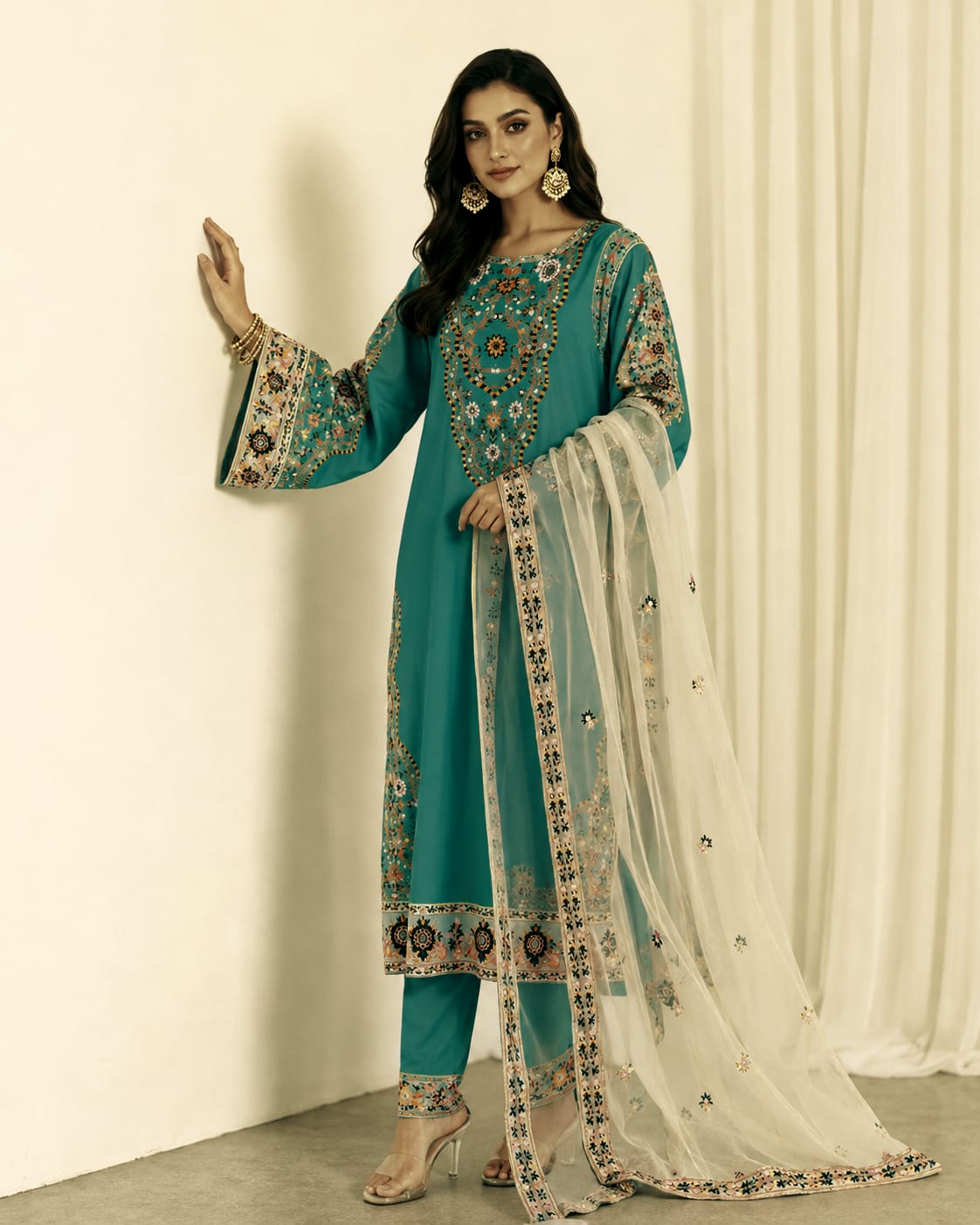 Digital Print Three Piece with Embroidered Neck and Organza Orna