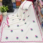 Off-White Cotton Embroidered Saree with Red Scalloped Borders
