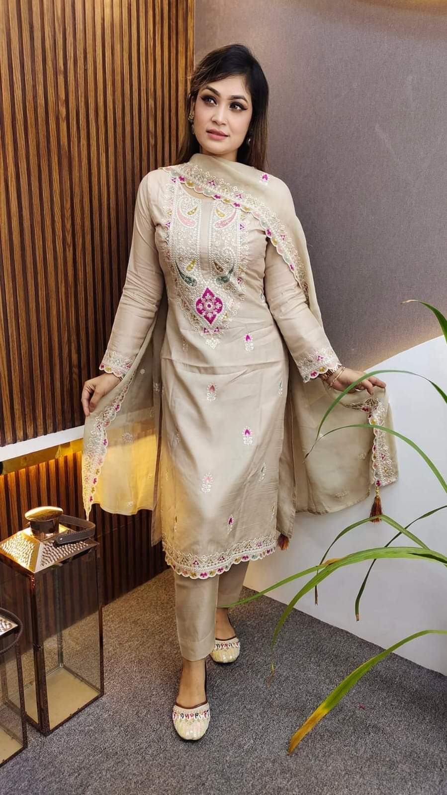 AC Cotton Embroidered Three Piece with Chiffon Orna, 40 to 44