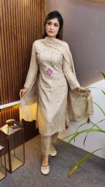AC Cotton Embroidered Three Piece with Chiffon Orna, 40 to 44