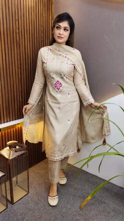 AC Cotton Embroidered Three Piece with Chiffon Orna, 40 to 44