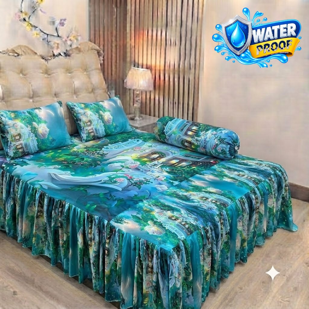 Waterproof 3D Ruffle Bedsheet Set with Pillow Covers, 7x8 ft