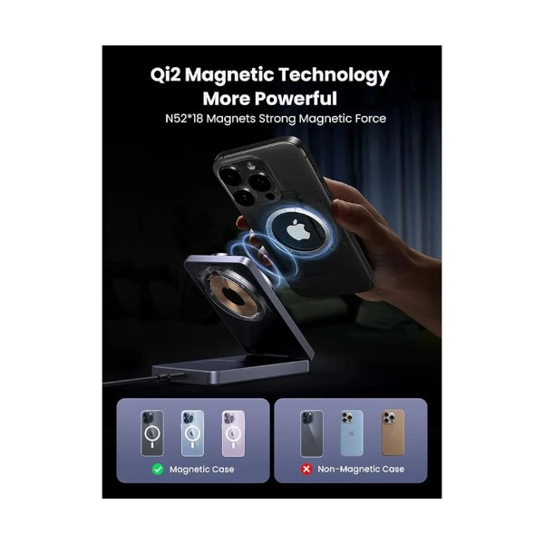Ugreen MagFlow W706 20W Qi2 2-in-1 Grey Magnetic Wireless Charger with Stand
