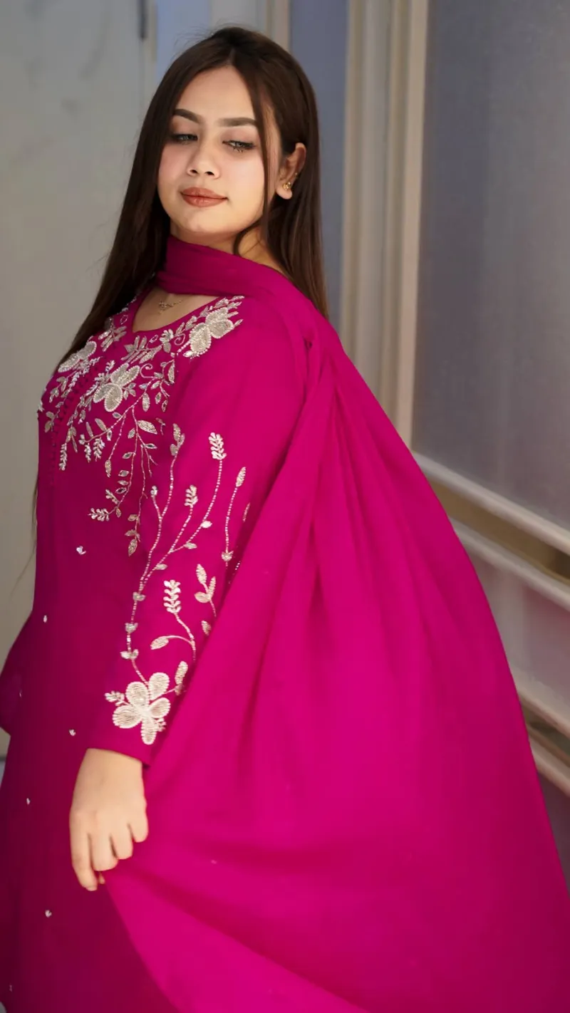Women's Rayon Cotton Embroidered Three Piece with Stone Work Orna