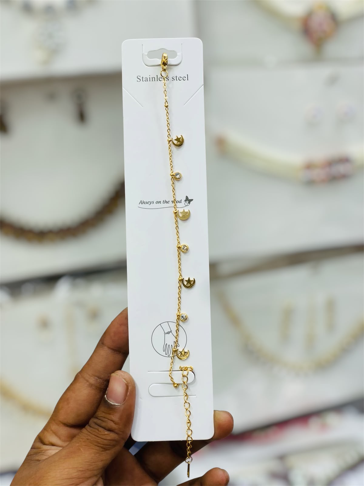 Anti-tarnish Golden Crescent Moon, Star, and Crystal Charm Bracelet