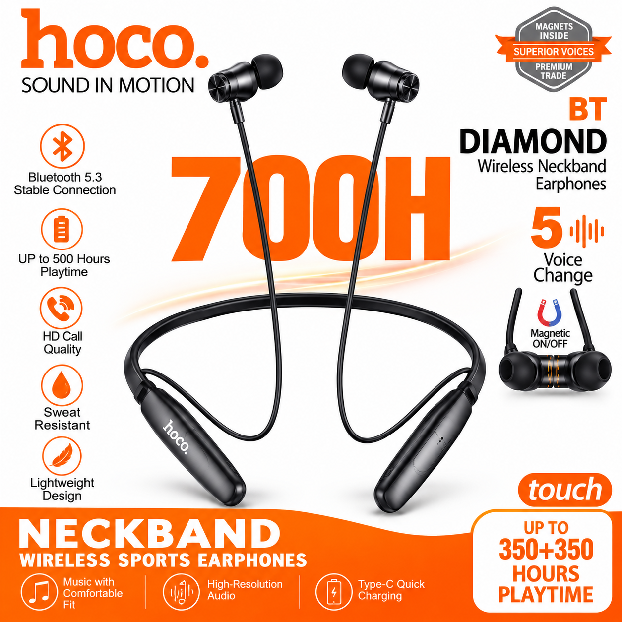 Hoco BT Diamond Wireless Neckband Earphones (700H Playtime)