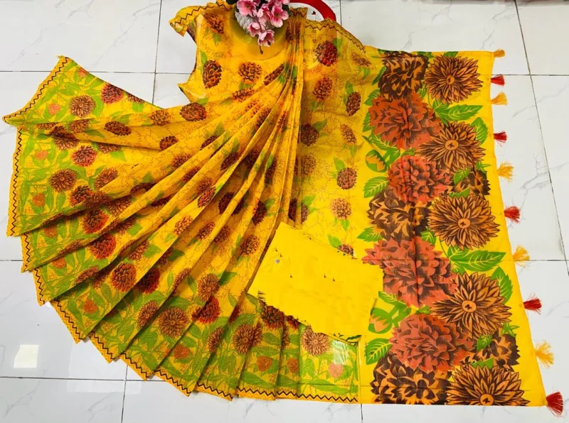 Half Silk Screen Print Saree, Saree Only, 6 Colours