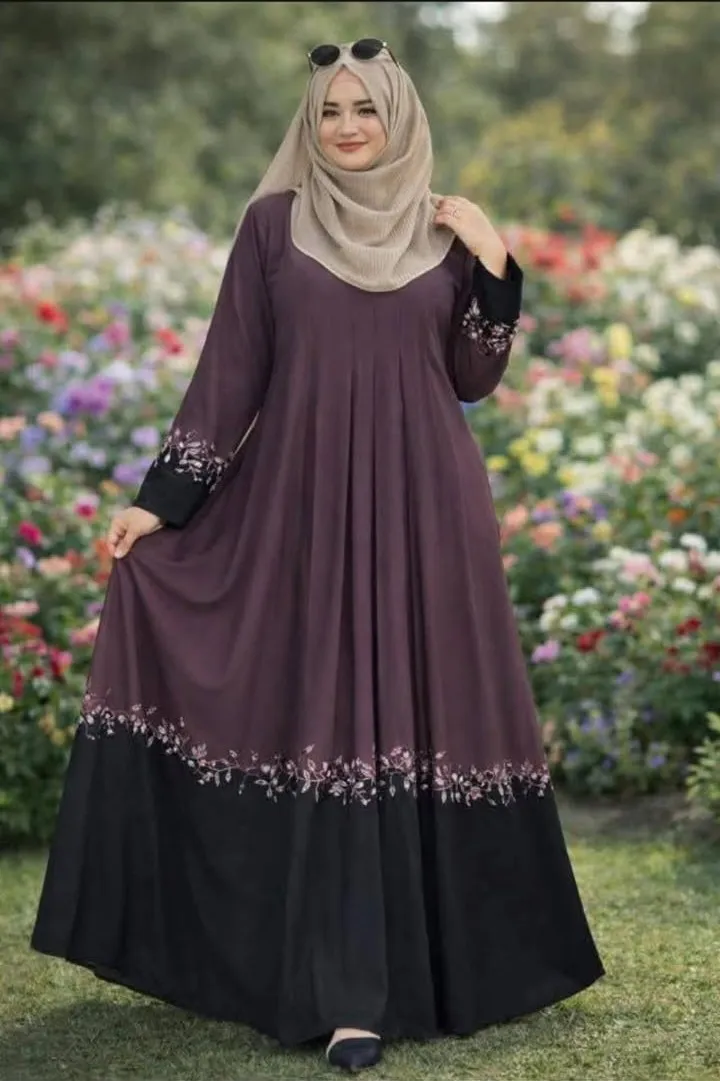 Contrast Embroidery Borka in Cherry Fabric, Hijab Not Included